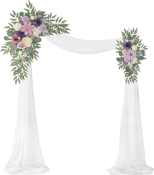 Artificial Wedding Arch Flowers Kit(Pack of 3),2Pcs Artificial Flower Arch Decor,1Pcs Sheer Drape for Wedding Ceremony Arbor for WeddingCeremony (Lavender & Cream)