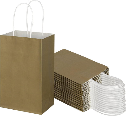 Toovip 50 Pack 5.25x3.25x8.25 Inch Small Gold Kraft Paper Bags with Handles Bulk, Gift Wrap Bags for Favor Grocery Retail Party Birthday Shopping Business Goody Craft Merchandise Take Out Cub Sacks