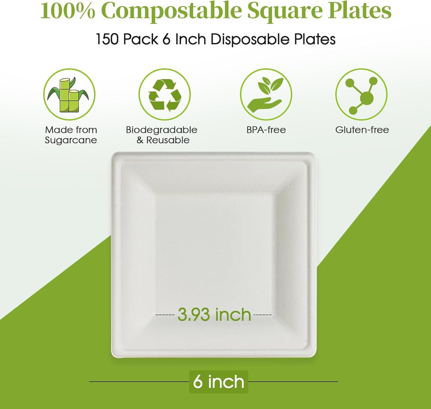 ECOLipak 150 Piecs Compostable Square Plates, 6 inch Eco-friendly Heavy Duty Biodegradable Sugarcane Disposable Paper Plates for Party Dinner Birthday