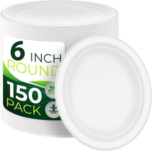 150PCS 100% Small Dessert Plates Disposable, 6 inch Paper Plates, Compostable Appetize Plates, Cake Plates, Biodegradable Made of Sugarcane Fiber
