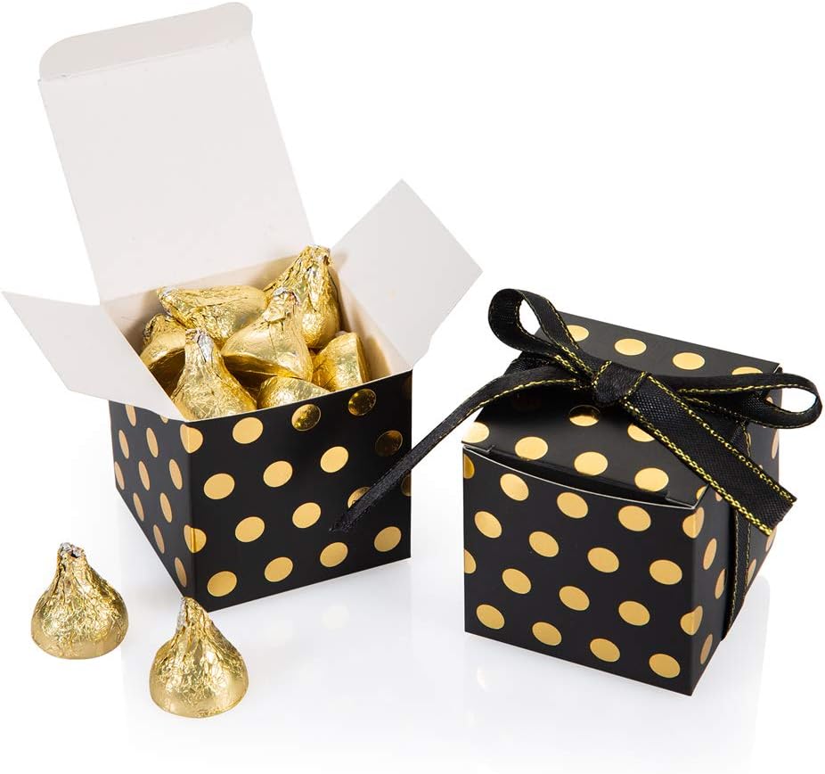 AWELL Black Gift Candy Box with Gold Dots Bulk 2x2x2 inches with Ribbon Party Favor Box, Gold Dots,Pack of 50