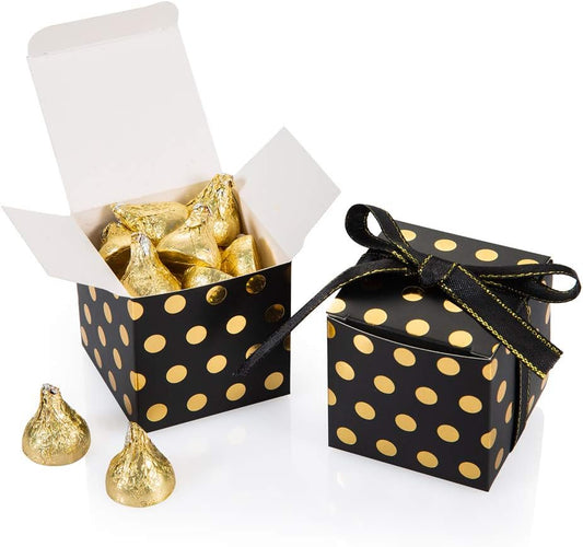 AWELL Black Gift Candy Box with Gold Dots Bulk 2x2x2 inches with Ribbon Party Favor Box, Gold Dots,Pack of 50