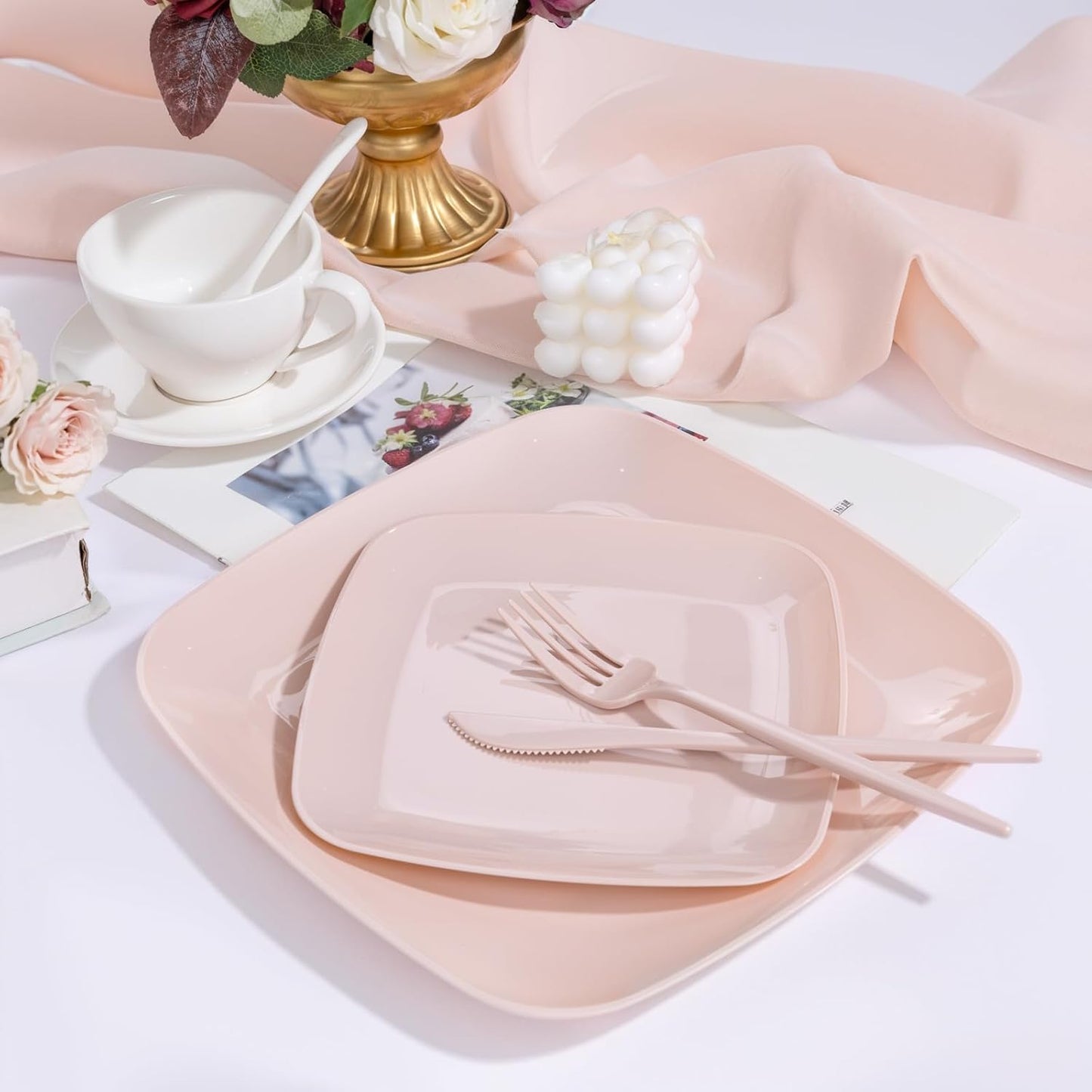 PULOTE 60PCS Pink Square Plastic Plates Disposable - Premium Quality Pink Set Include 30 Dinner / 30 Dessert Plates for Party,Wedding & Mother’s Day