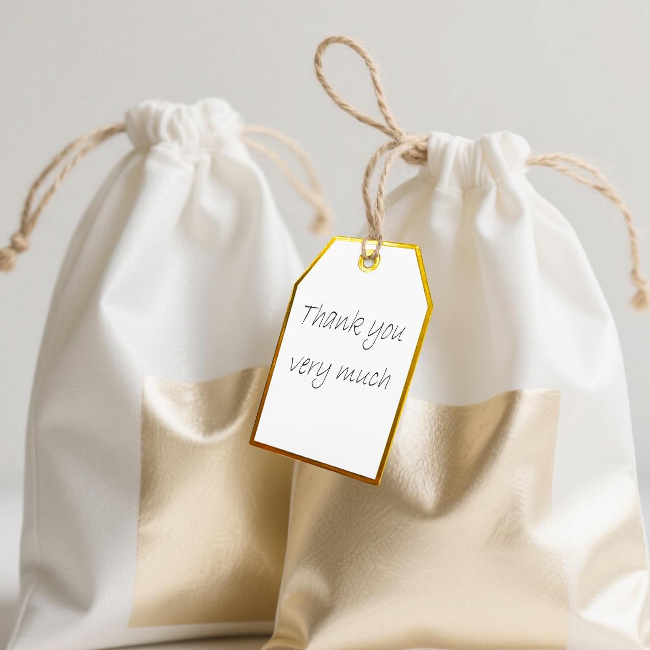 100Pcs Gold Gift Tags with String Attached Foil Gold Frame Large White Paper Gift Tags Presents with 65 Ft Jute Twine for Christmas Holiday Baby Shower Wedding Birthday Gift Wrap Tags