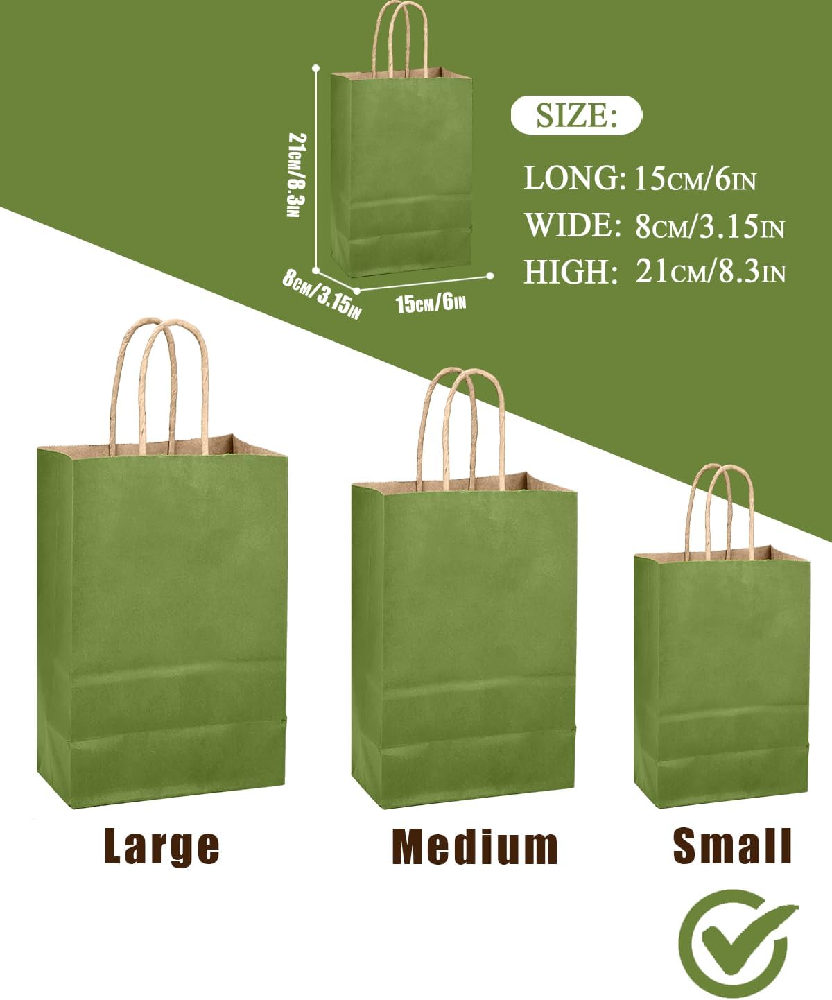 qiqee Light Olive Green Gift Bag with Handles Bulk 24Pcs Paper Bags -8.3"x6"x3. 15" Party Favor Bags - Solid Color