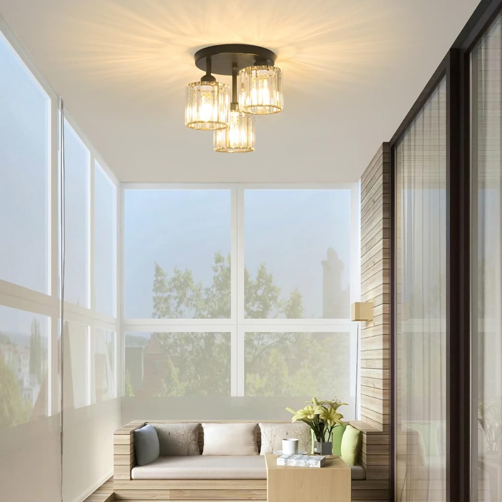 Crystal Semi Flush Mount Ceiling Light, 3-Light Modern Close to Ceiling Light Fixtures, Black Kitchen Light Fixtures with Clear Crystal Shade, Hallway Light Fixtures for Hallway Bedroom Bathroom, E26