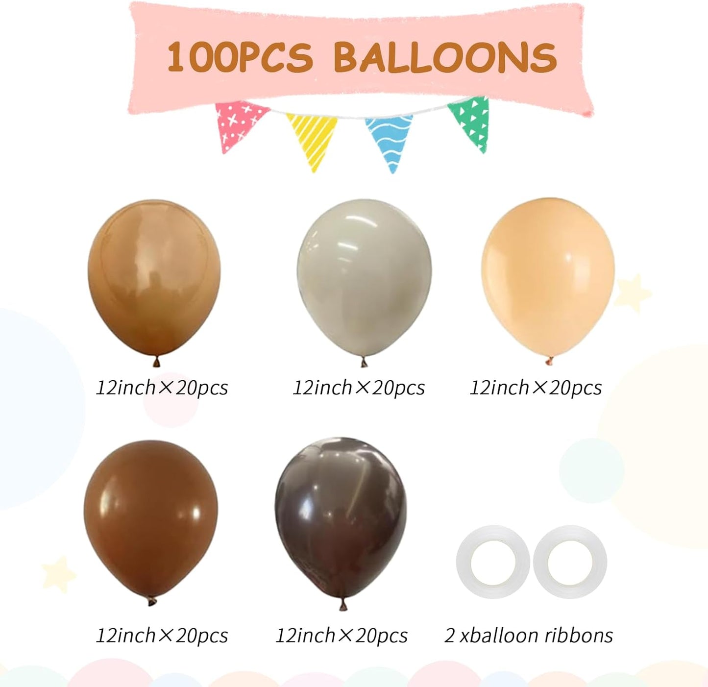 100pcs Brown Balloons - 12 Inch Dark Brown Beige Coffee Sand White & Neutral Balloons for Birthday, Boho Safari Baby Shower, 2025 Graduation Party Decoration (66ft Ribbons)