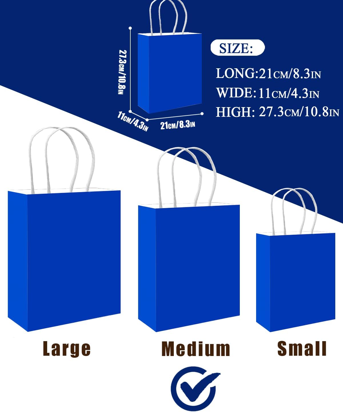 qiqee 50-Packs Diamond Blue Paper Gift Bags with Handles Bulk 11"x8.3"x4.3" Medium Size Paper Bags Multiple Uses