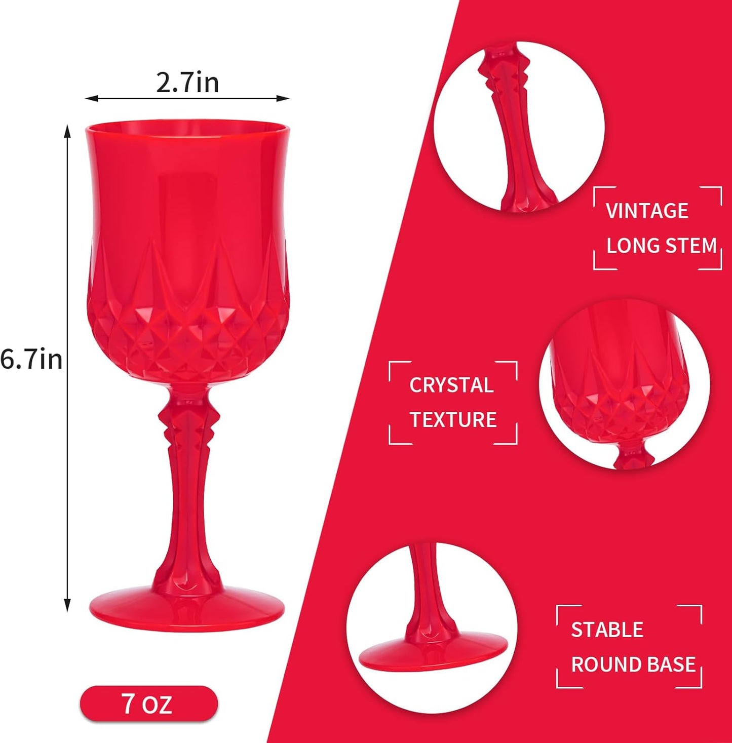 JLYLOL Plastic Vintage Wine Glasses 7OZ Plastic Goblets Vintage Drinking Glasses 24PCS Retro Wedding Glassware Water Goblets Reusable Drinking Cups for Party,Reception,Celebration,Bar,Whiskey(Red)