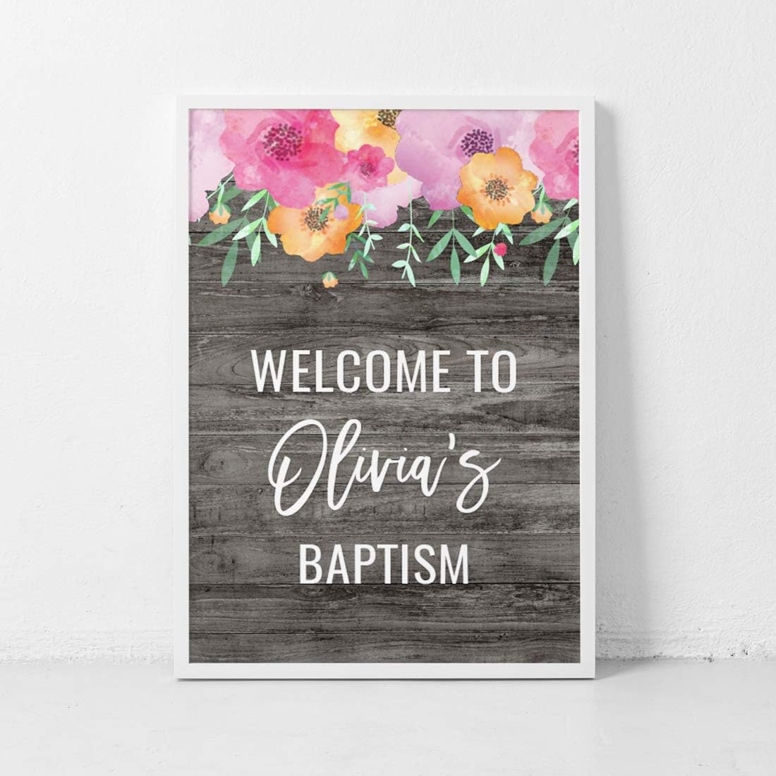 Andaz Press Personalized Extra Large Wedding Easel Board Party Sign, 12x18-inch, Pink Floral Flowers on Gray Rustic Wood, Your Text Here, 1-Pack, Custom