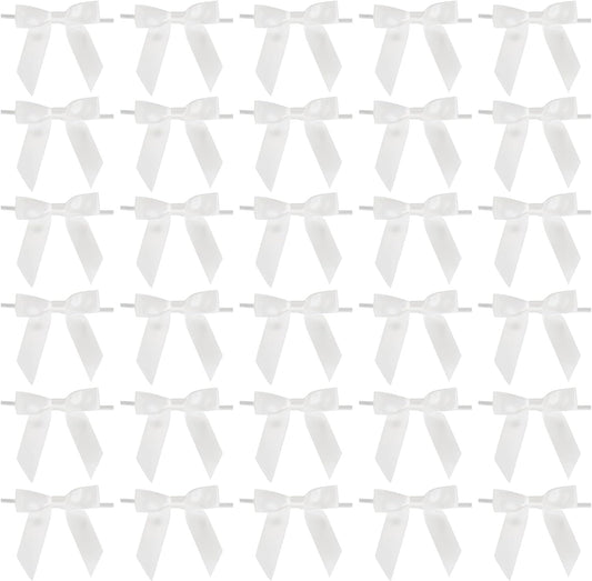 AIMUDI White Bows Bulk 2.5" Christmas Bows Premade Small Bows Pre Tied Mini White Stick On Bows for Wedding Favor Twist Tie Bows for Baby Shower Decorations Bows for Gift Wrapping - 50 Counts