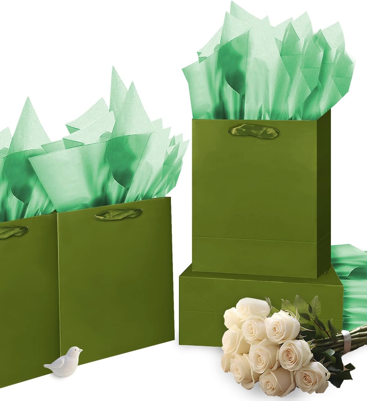 Gcardist Olive Green Gift Bags with Tissue Paper for Wedding, Birthday, Party Supplies-7.9"x4.3"x9.6" Medium Size Cardboard Gift Bags（16pcs Bags +32pcs Tissue Paper ）