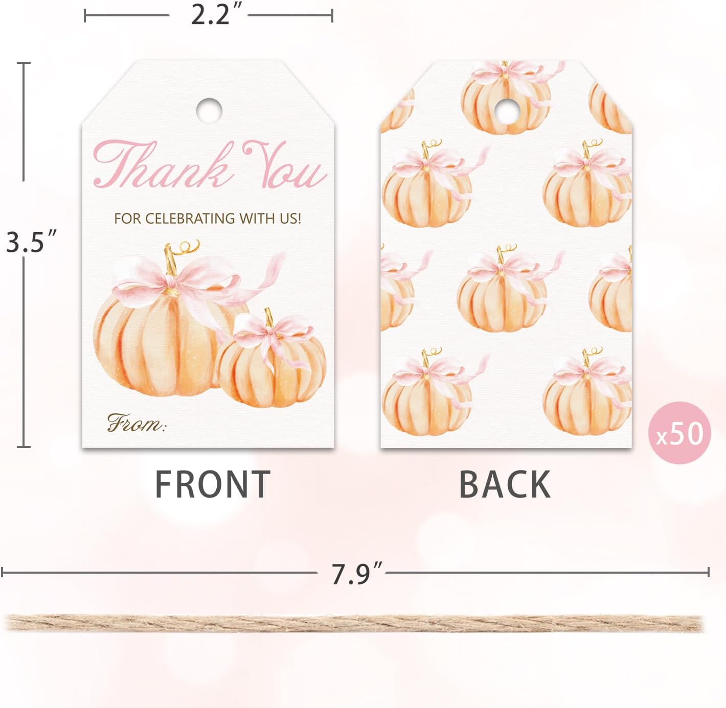 50pcs Little Pumpkin Thank You Tags, Pink Bow Fall Theme Favor Tags for Girl Coquette Baby Shower and Birthday Party Gift Wrapping Decoration (Pink Bow)