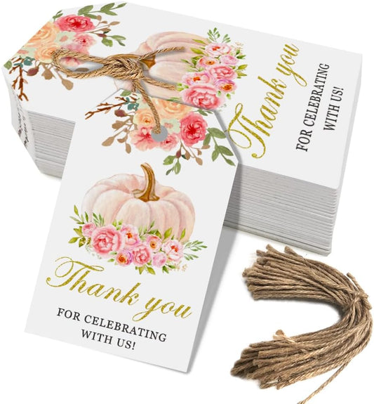 50 Pink Pumpkin Gift Tags - Fall Theme with String, Thank You Tags for Wedding, Birthday, Baby Shower & Party Favors (Two Colors)