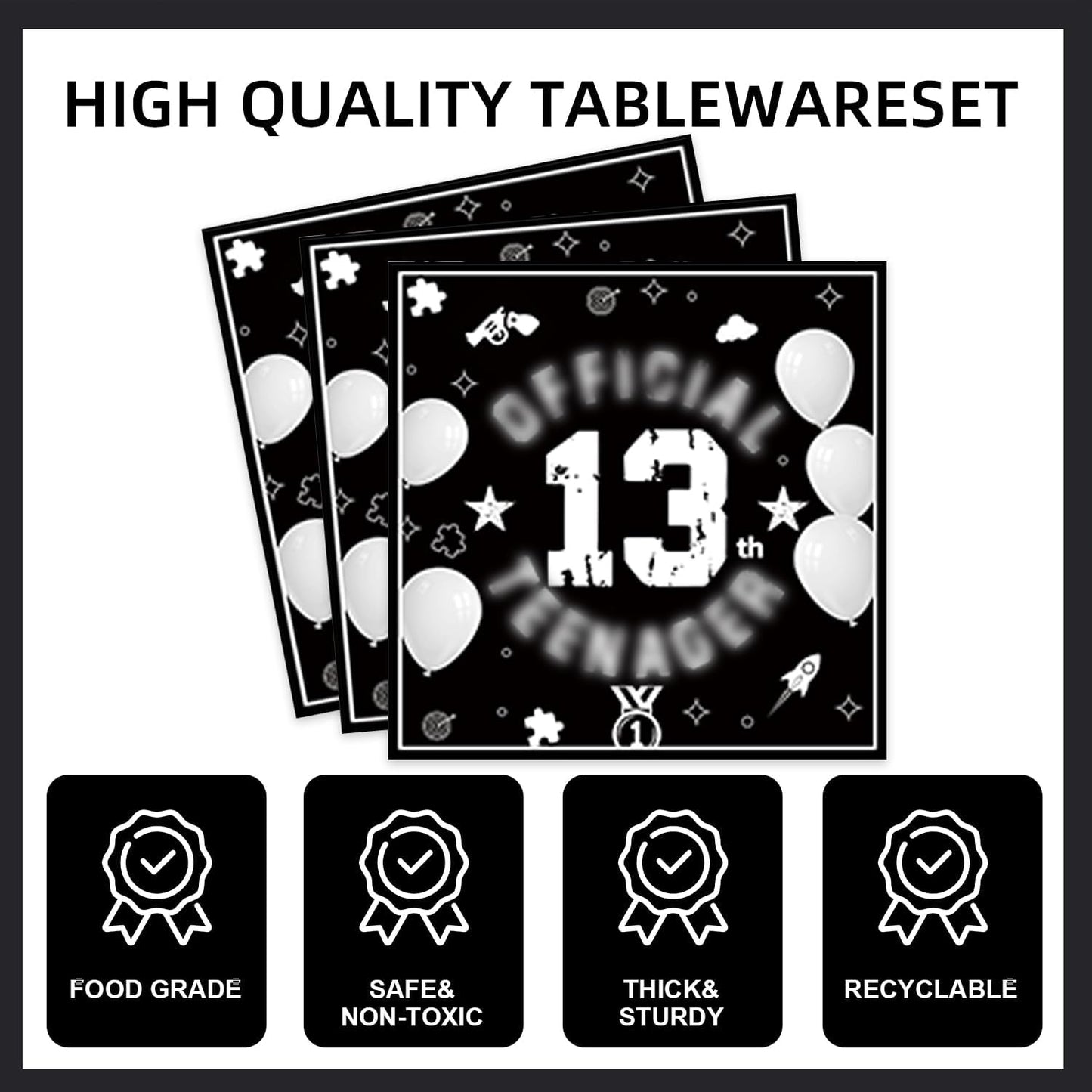 123pcs 13th Party Decorations,13th Silver Black Birthday Banner,Flags,Paper,cups,Straws,Forks,Cake Toppers,Dessert plates,Tablecloths and dinner plates,Officially a Teenager 13th Birthday Supplies