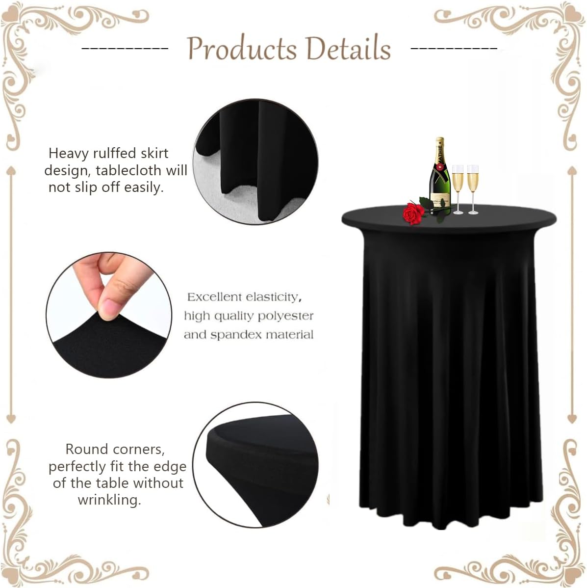 Albassa 2 Pack Cocktail Table Covers 32"x 43" Spandex Stretch Round Cocktail Tablecloths with Wavy Drapes Fitted High Top Bar Table Skirt for Wedding Party Banquet (Black, 2 PCS)