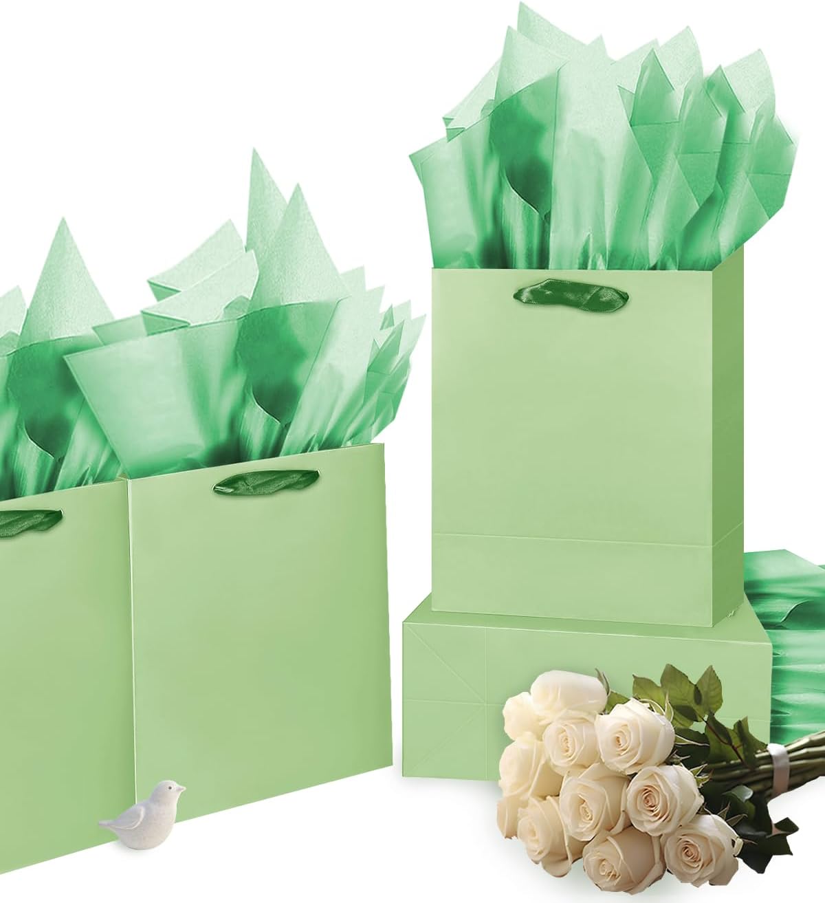Gcardist Light Green Gift Bags with Tissue Paper for Wedding, Birthday, Party Supplies-7.9"x4.3"x9.6" Medium Size Cardboard Gift Bags（5pcs Bags +10pcs Tissue Paper ）