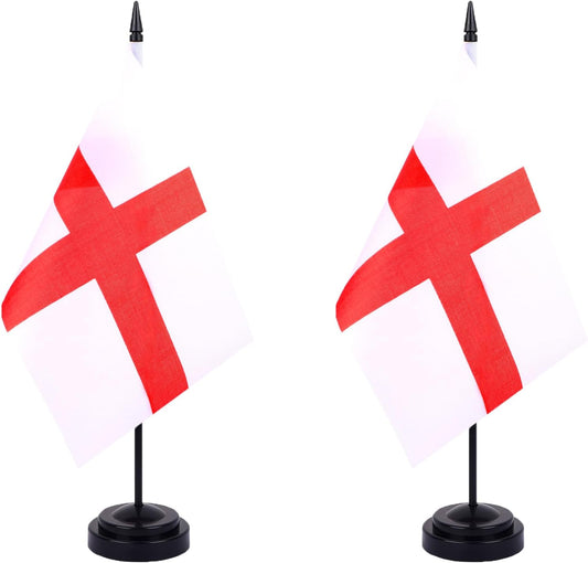 WXTWK 2 Pack England Flag England Deluxe Desk Flag Set - Mini Small Englander Table Office Flags with Black 12" Solid Pole Stand Base Classroom Meeting Desktop Decorations