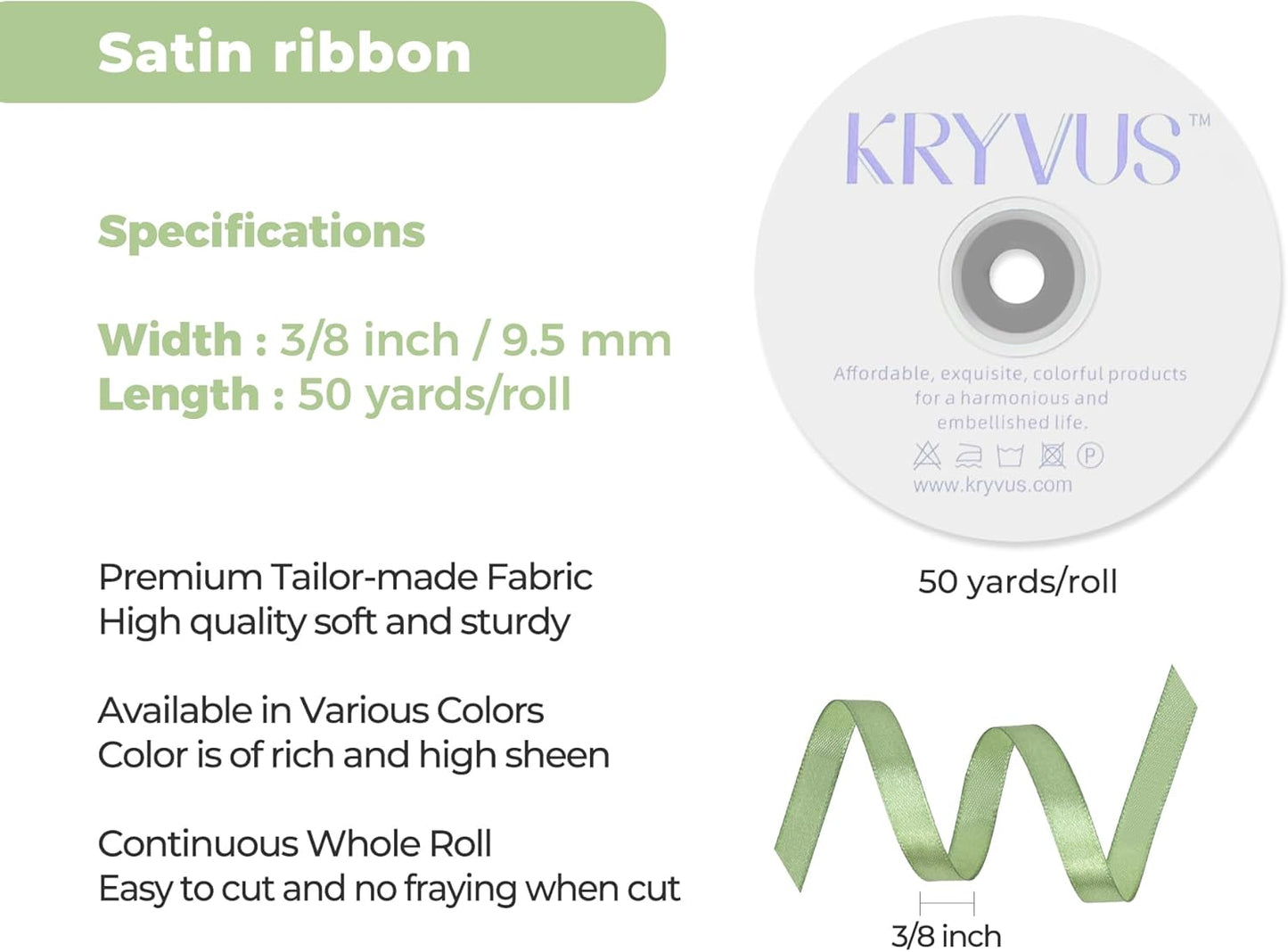 Sage Green Satin Ribbon 3/8 inch X Continuous 50 Yards, Single Face Polyester Ribbon Perfect for Gift Wrapping, Flower Bouquet, Wedding Decor, Crafts, Bow Making, Sewing and More