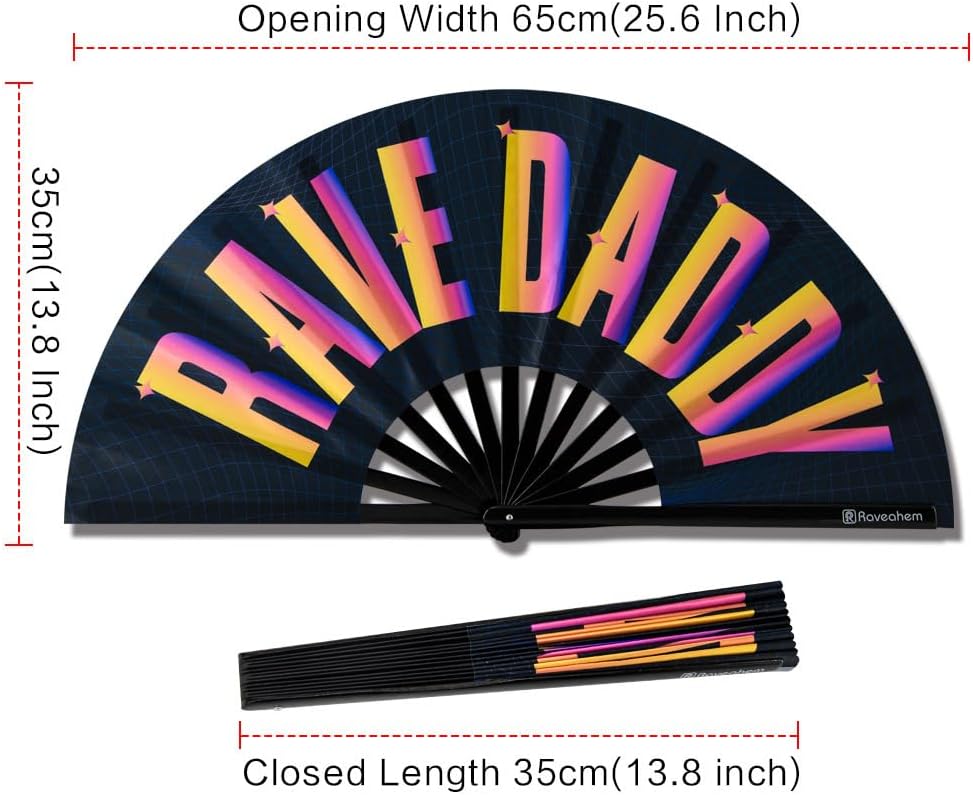 UV Glow Rave Fan, Bamboo Folding Clack Hand Fans Foldable for Men Women, Boots on the Ground Poping Fan for EDM Festival Line Dance Decoration, (Rave Daddy, Large 13")