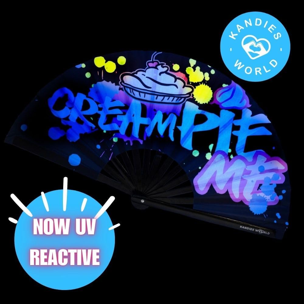 Kandies World Custom Festival Folding Hand Fan - Unique Designs, Made of Bamboo, Clacking Sound, Lightweight - Perfect Rave and Festival Accessory! (Cream Pie)