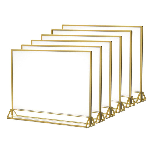 NIUBEE 6Pack 11 x 8.5 Acrylic Sign Holder with Gold Frames and Vertical Stand, Ideal for Display Wedding Table Numbers, Double Sided Picture, Clear Photos, Menu Holders -Horizontal