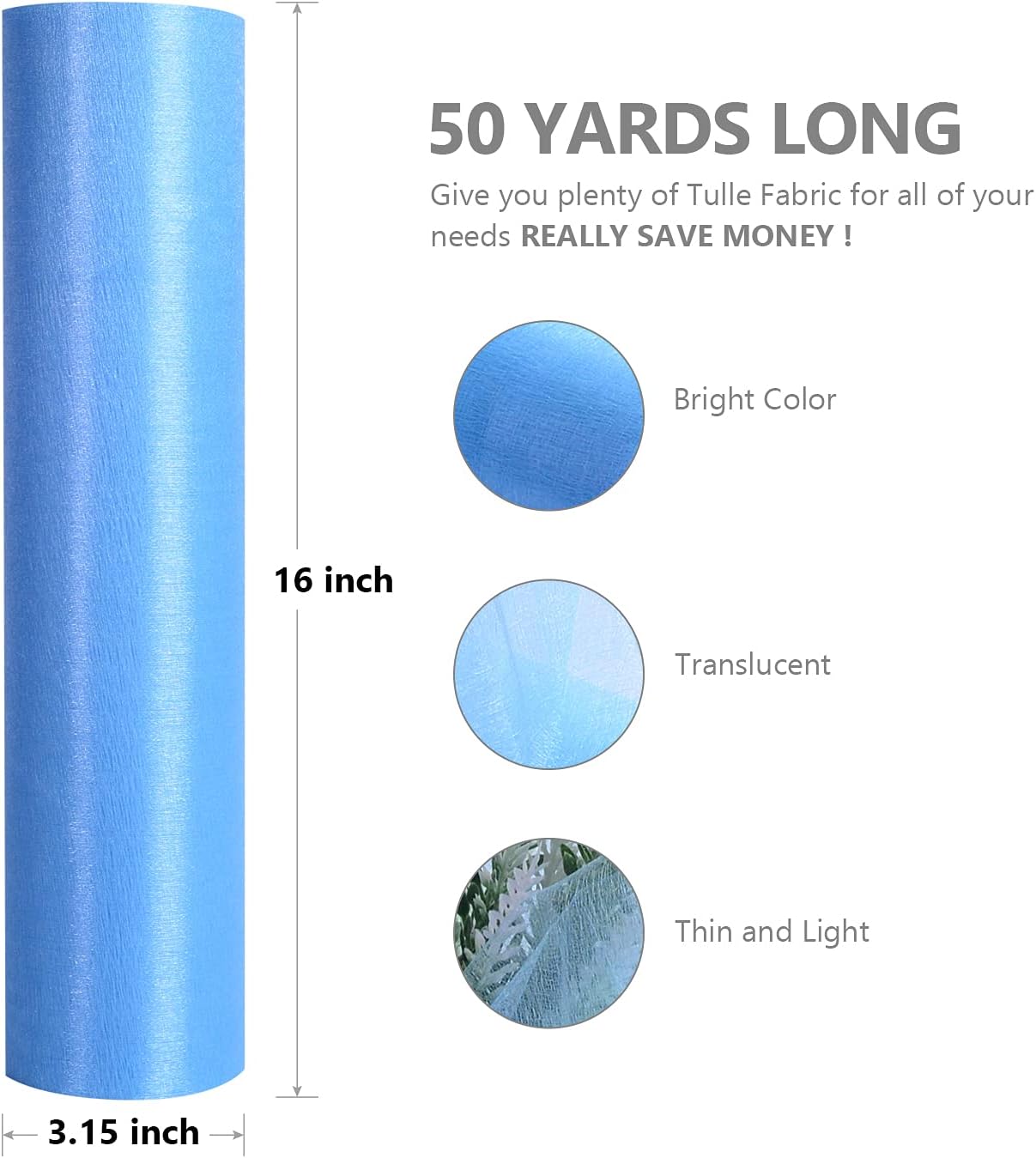 Crystal Organza Fabric Tulle - 16" by 50 Yards Sheer Fabric for Wedding Party Decoration Bridal Shower Tutu Roll Netting Spool Ribbon Wrapping (Light Blue)