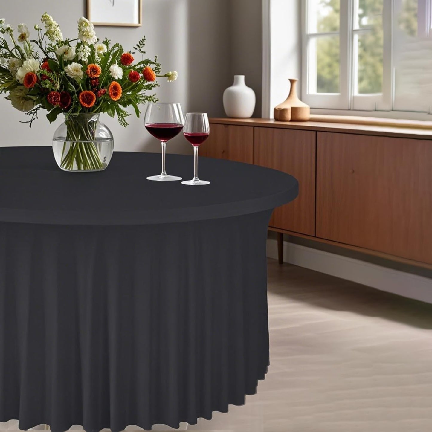 10 Pack Black Round Spandex Tablecloths for 60in Tables, 120Inch Stretchy Fitted 5FT Round Table Clothes,Wrinkle Free Table Cover with Skirt for Wedding Party Dining Banquet