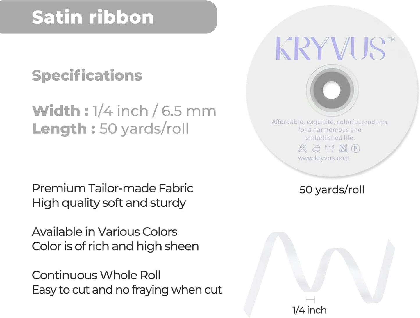 White Satin Ribbon 1/4 inch X Continuous 50 Yards, Single Face Polyester Ribbon Perfect for Gift Wrapping, Flower Bouquet, Wedding Decor, Crafts, Bow Making, Sewing and More