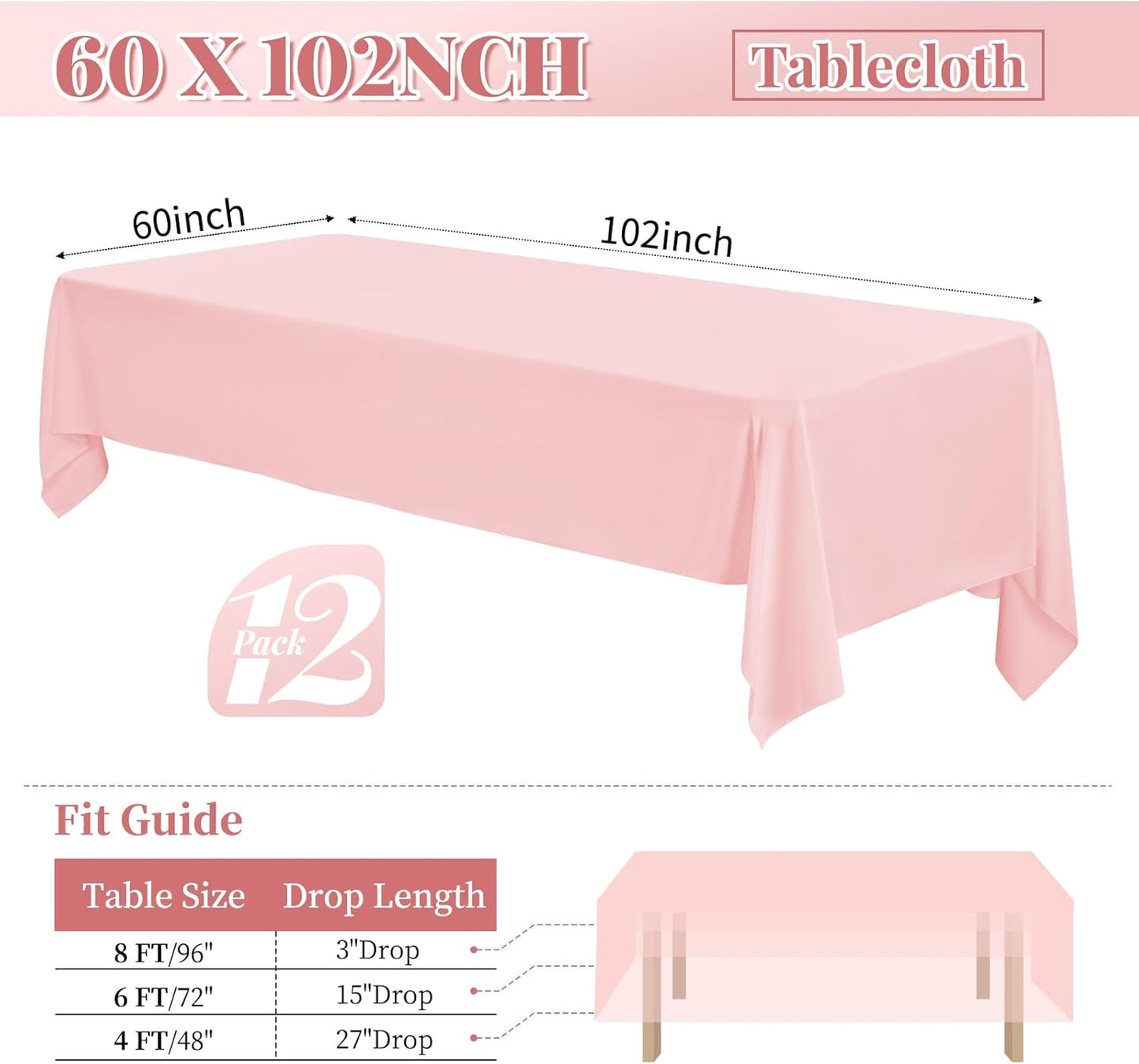 12 Pack 60 x 102 Inch Rectangle Tablecloth Pink Polyester Tablecloth for 6 Feet Rectangle Tables,Washable Fabric Table Cloth for Wedding Dining Table Buffet Parties Camping