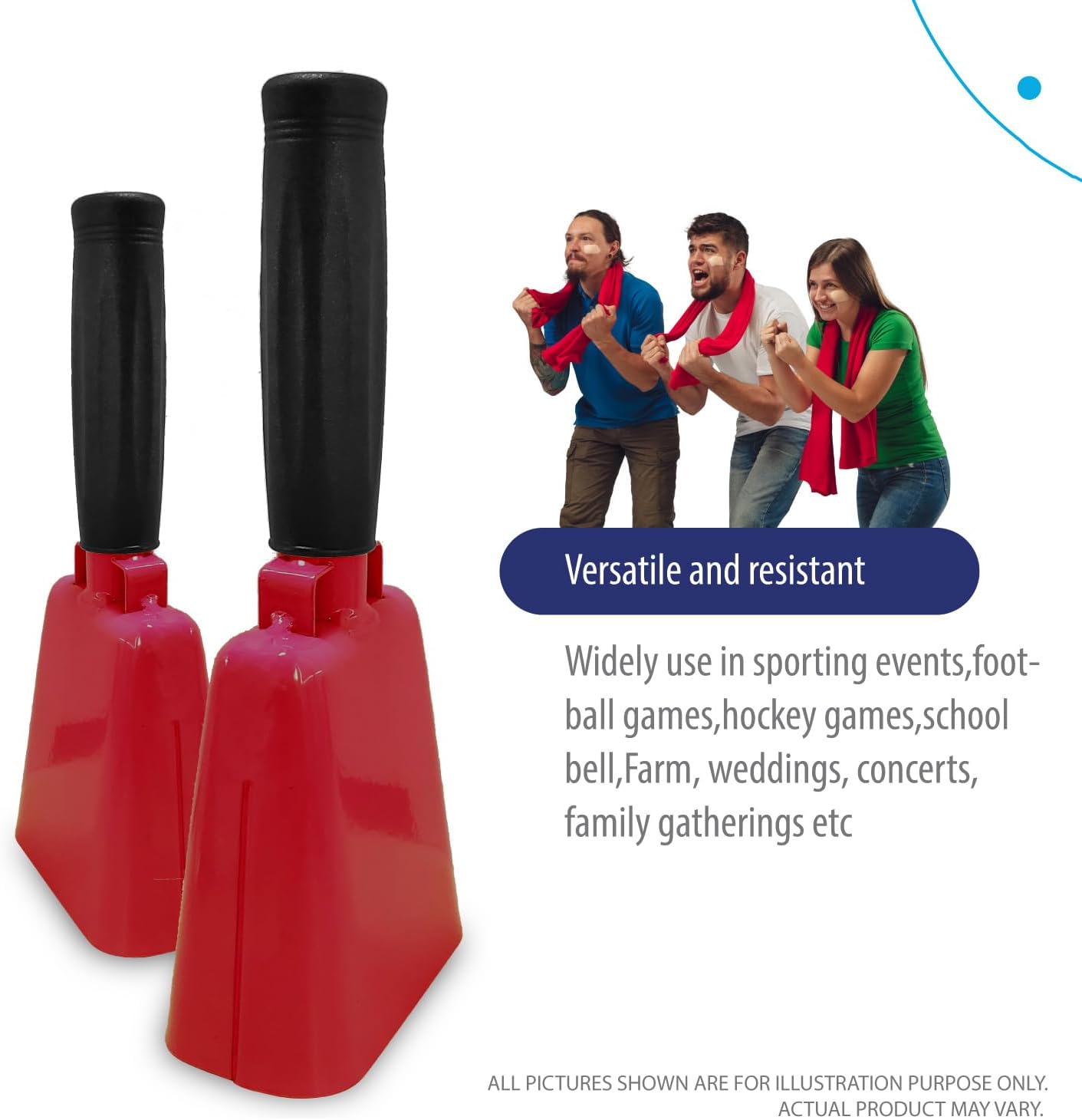 Deke Home - 2 Pack 7 Inch Steel Cowbells with Handle, Loud Noise Makers for Football, Sports, Parties, Competitions, School Spirit & Safety, Large Hand Bell for Cheering & Percussion Instrument