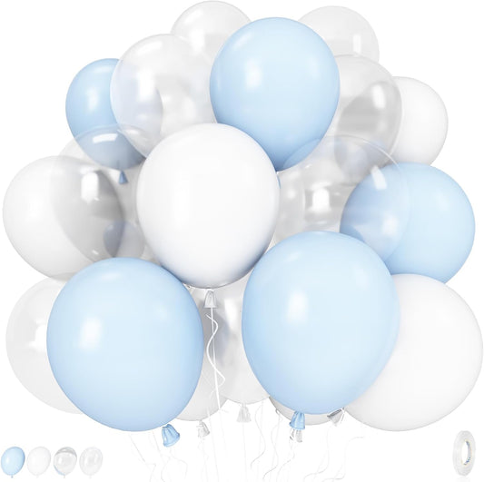 Pastel Blue and White Balloons, 12 Inch 35PCS Light Baby Blue Pearl White with Clear Latex Balloon for Boys Birthday Bachelorette Party Bridal Baby Shower Winter Holiday Party Decorations Supplies