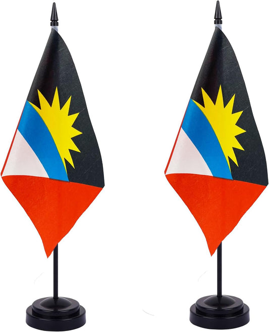 WXTWK 2 Pack Antigua and Barbuda Flag Antigua and Barbuda Deluxe Desk Flag Set - Mini Small Antigua and Barbuda Table Office Flags with Black 12" Solid Pole Stand Base Classroom Meeting Desktop Decorations