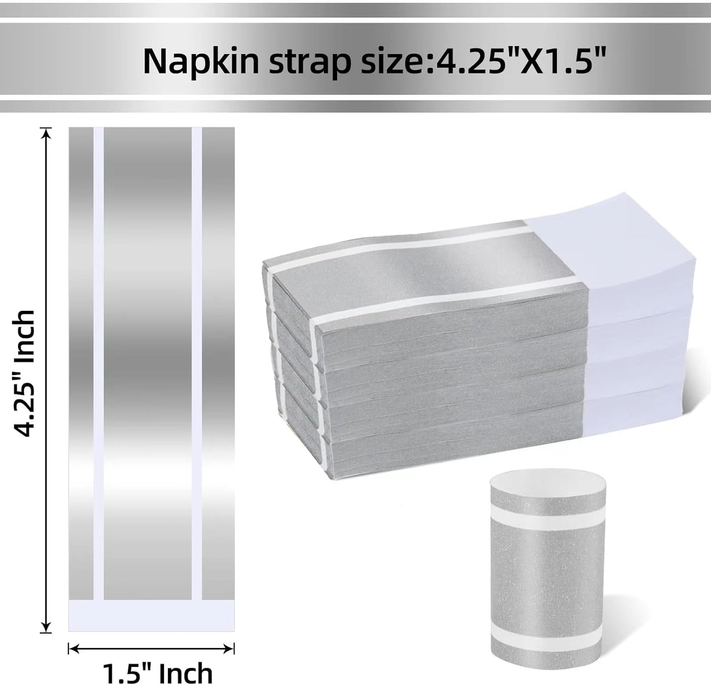 Germiwipe Standard Paper Napkin Band, 200PCS Matte Silver Napkin Ring Self-Adhesive, Silverware Wraps Bands,Table Setup Wedding Event Party Supply (Matte Silver /200pcs)