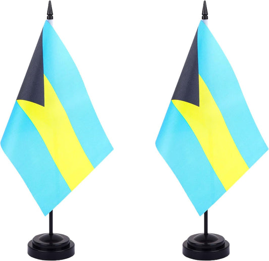 WXTWK 2 Pack Bahamas Flag Bahamas Deluxe Desk Flag Set - Mini Small Bahamian Table Office Flags with Black 12" Solid Pole Stand Base Classroom Meeting Desktop Decorations