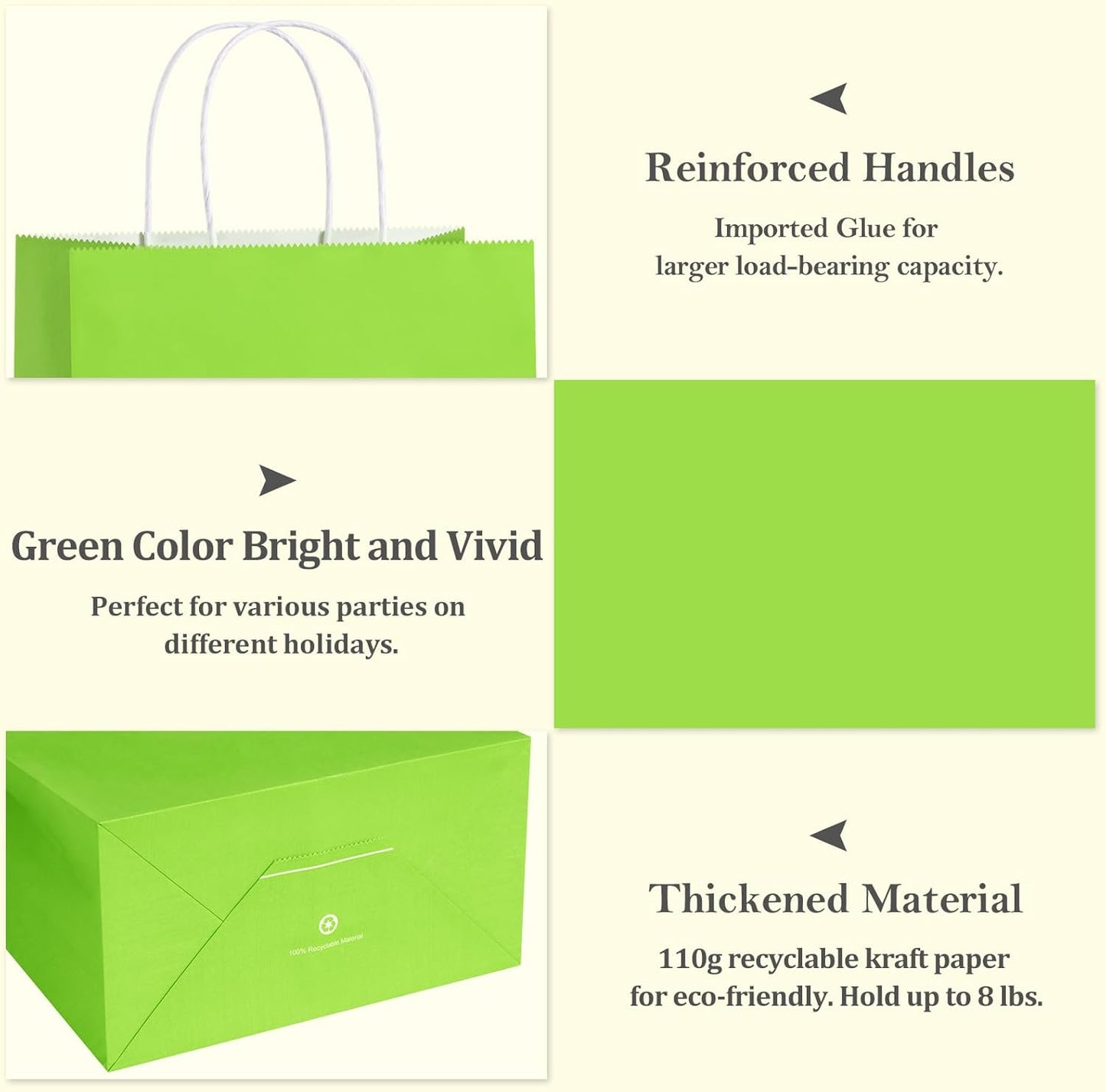 BagDream 8x4.25x10.5 Inch 100Pcs Green Gift Bags Medium, Kraft Paper Bags with Handles Bulk for Welcome Party Favors, Baby Shower, Goody, Treat, Retail, Grocery Paper Sacks