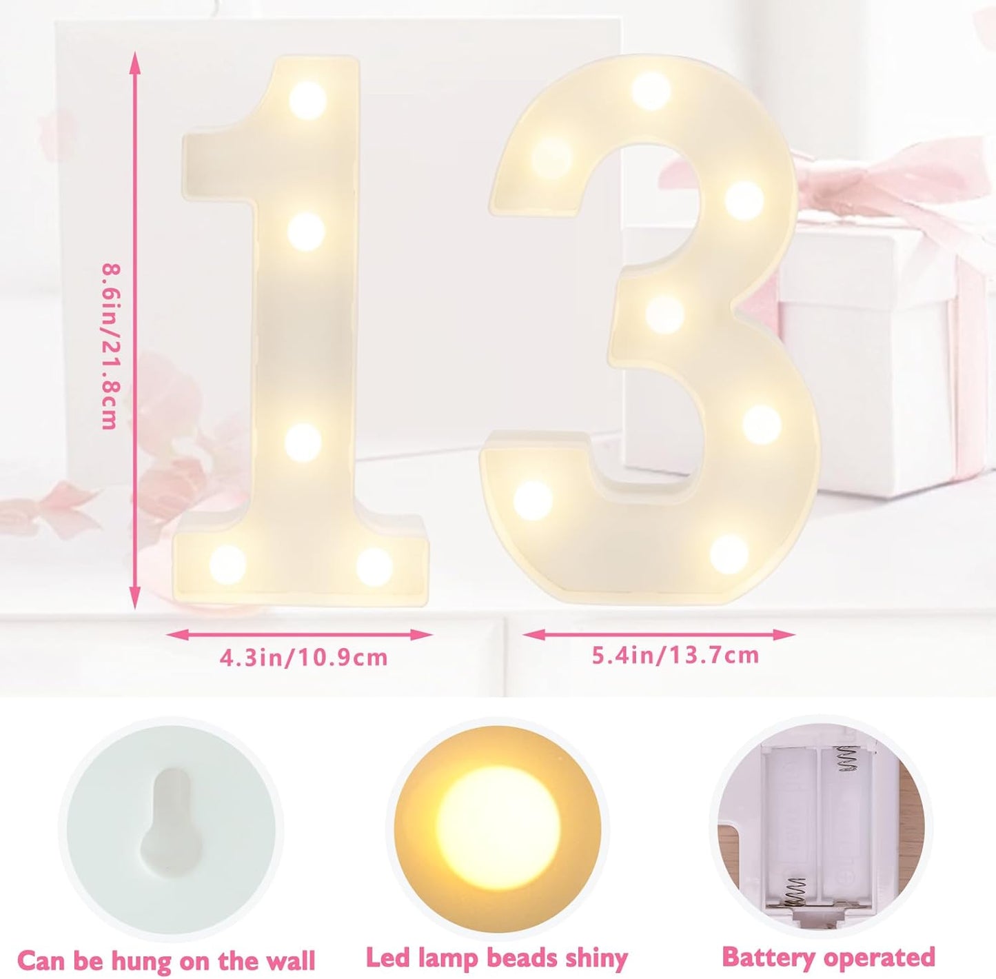 LED Marquee Letter Lights, Decorative Light Up Numbers for 13th Birthday Party, Battery Operated, Warm White Small Marquee 13 Sign for Anniversary Decorations