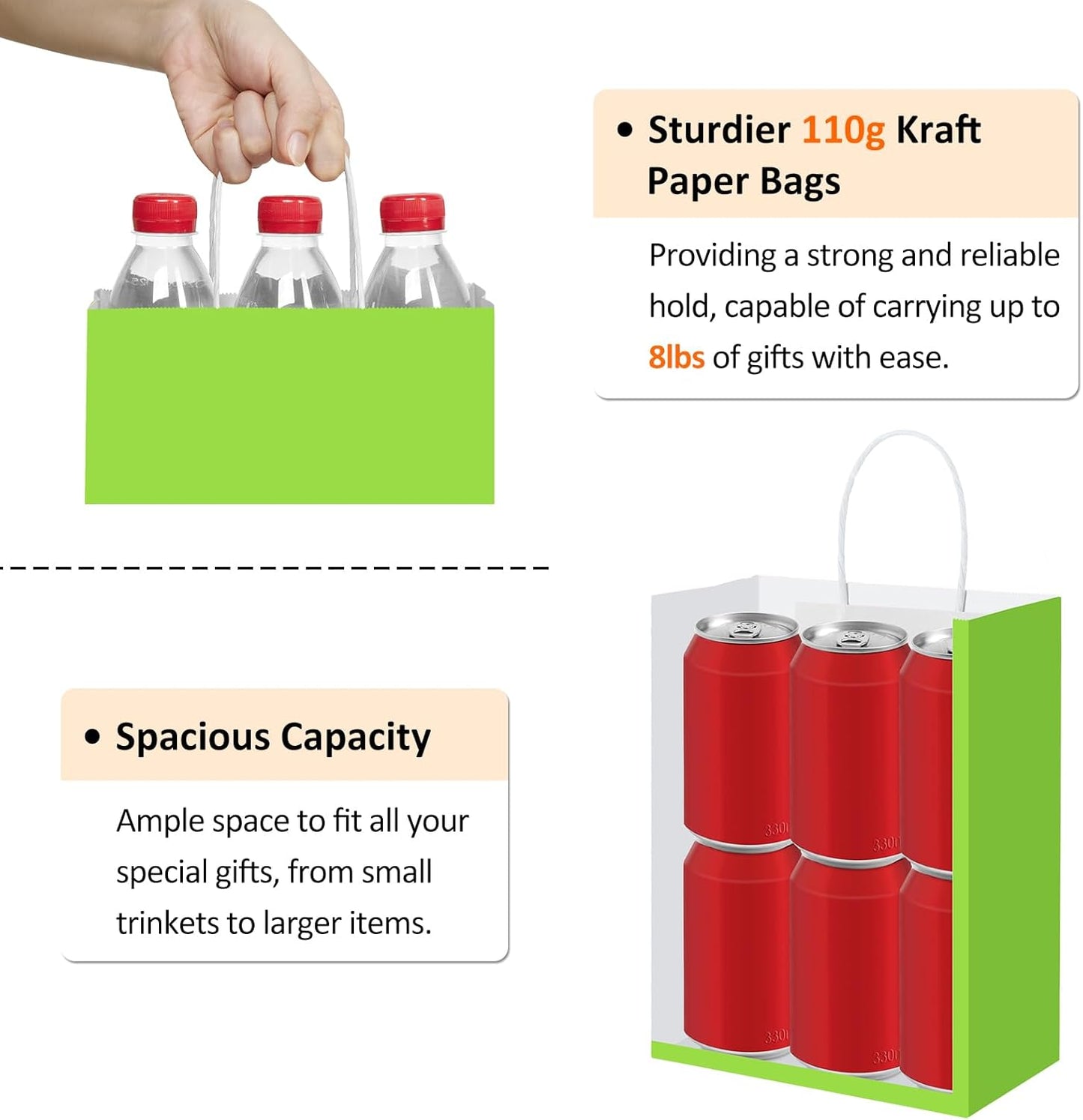 BagDream 8x4.25x10.5 Inch 100Pcs Green Gift Bags Medium, Kraft Paper Bags with Handles Bulk for Welcome Party Favors, Baby Shower, Goody, Treat, Retail, Grocery Paper Sacks