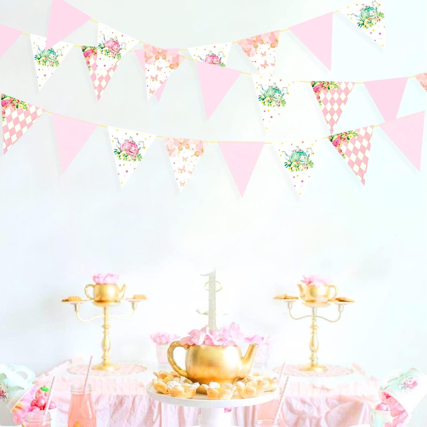 Spring Tea Party Decorations Pink and Gold Floral Flower Butterfly Teapot Teacup Plaid Paper Triangle Flag Pennant Banner Bunting for Spring Birthday Wedding Bridal Baby Shower Engagement Tea Party