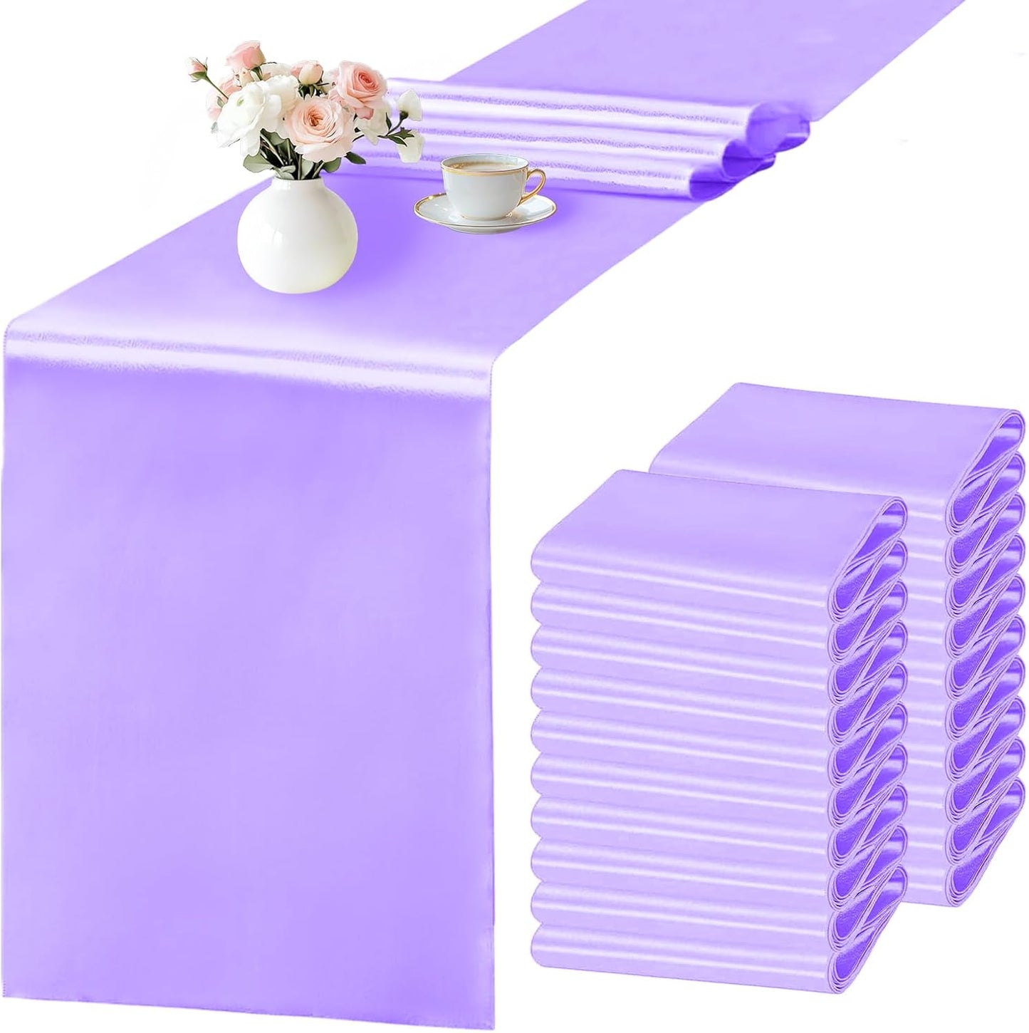 SHEJIZE 20 Pack Lavender Satin Table Runner 12x108 Inches Long, Bright Silky Smooth Satin Table Runner Table Decor for Wedding Banquet Christmas Prom Event Birthday Party
