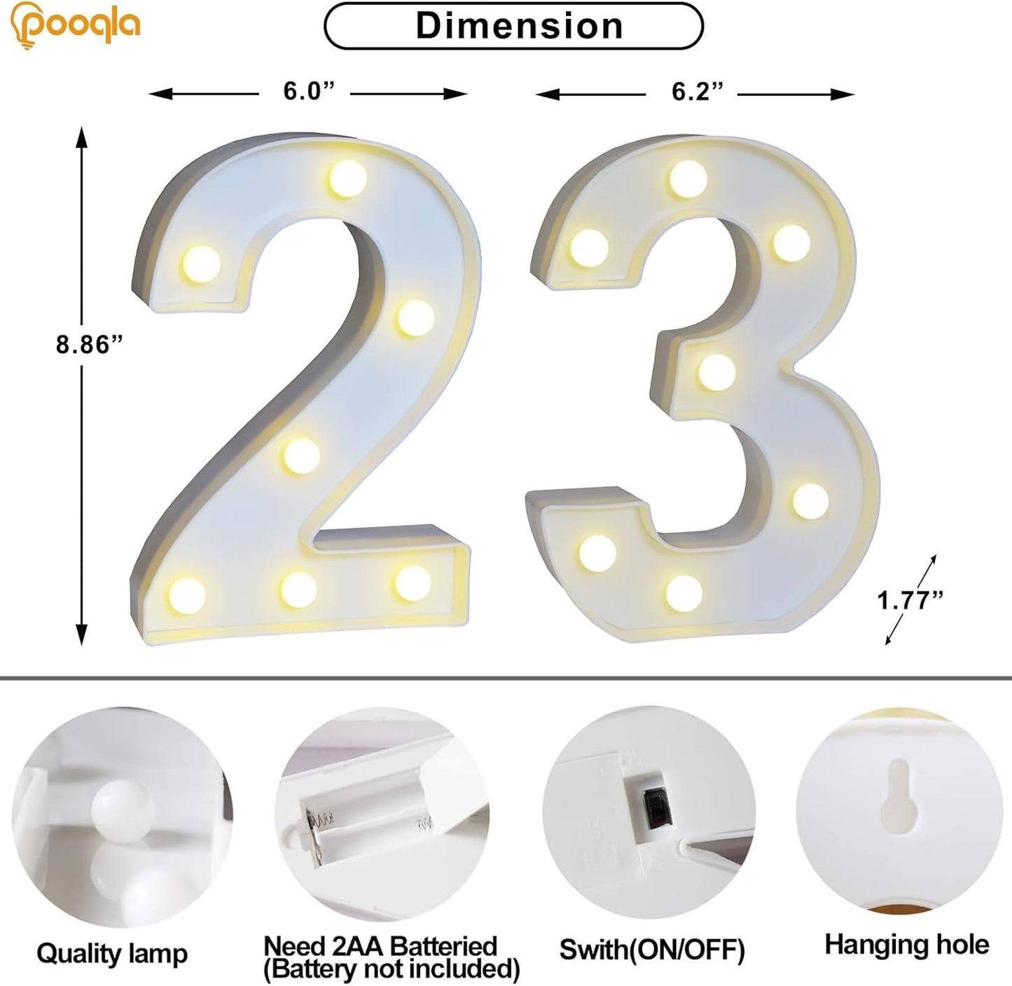 Pooqla Decorative Led Light Up Number Letters, White Plastic Marquee Number Lights Sign for 23th Birthday Party Wedding Decor Battery Operated Number (23)