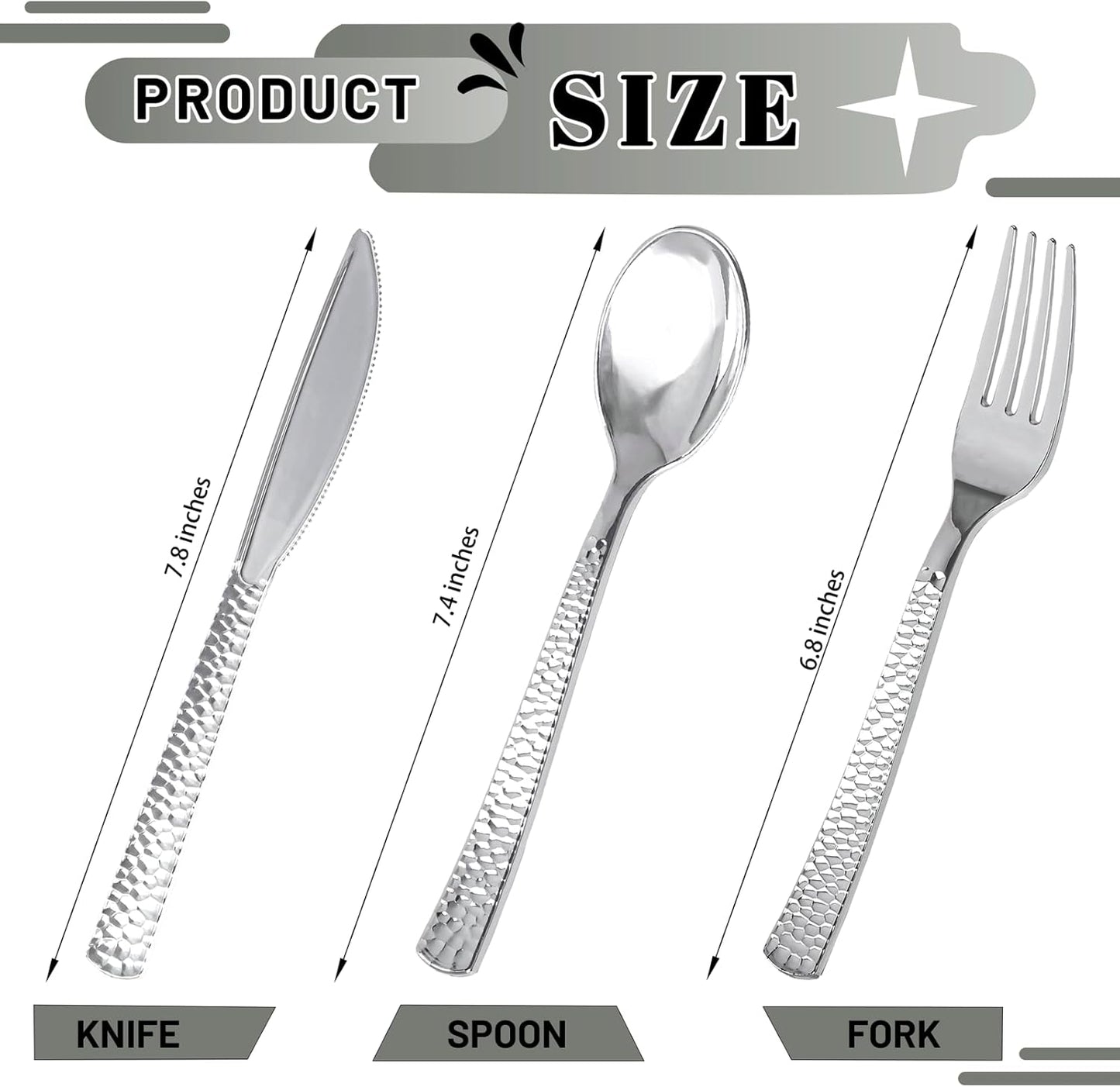 300Pieces Silver Plastic Silverware - Hammered Disposable Utensils - Heavy Duty Plastic Cutlery Set Includes 100 Forks, 100 Spoons, 100 Knives for Dinner Parties Weddings