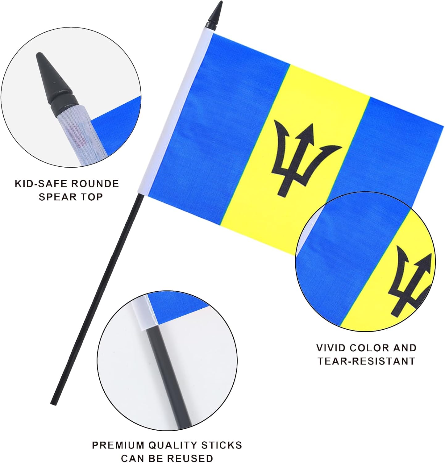 Barbados Desk Flag 12" Solid Pole Deluxe Set Barbadians Flags Banner Mini Small Barbados Office Table Flags with Black Stand Base Desktop Decorations(2Pack)