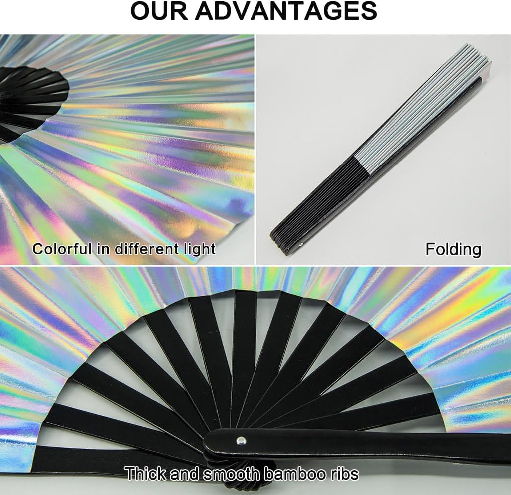 Large Rave Fan, Clack Folding Hand Fan with Premium Fabric, Thick Bamboo Frame for Men Women Gift for EDM, Festival, Club, Party, Dance, Decoration (Holographic Silver, 13")