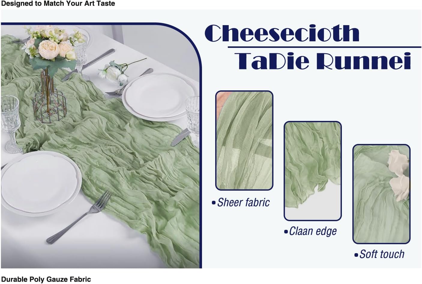 6 Pack Sage Green Cheesecloth Table Runner 20x120 Inch Boho Wrinkled Sheer Romantic Gauze Decor for Wedding, Bridal Shower, Birthday Party