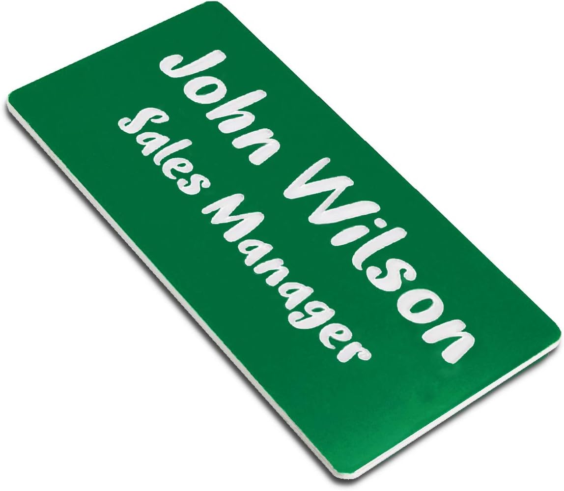 Custom Engraved Name Tag Badges for Business, Personalized Identification with Pin, Magnetic, Adhesive, or Blank Backing, 1.5"x3", Green/White Text