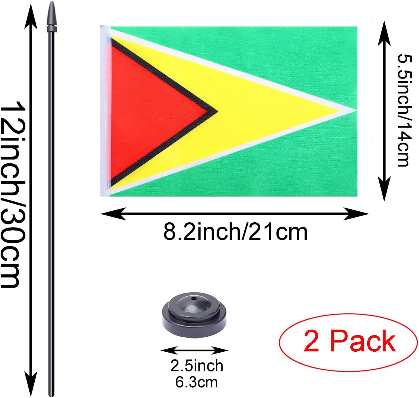 WXTWK 2 Pack Guyana Flag Guyana Deluxe Desk Flag Set - Mini Small Guyanese Table Office Flags with Black 12" Solid Pole Stand Base Classroom Meeting Desktop Decorations