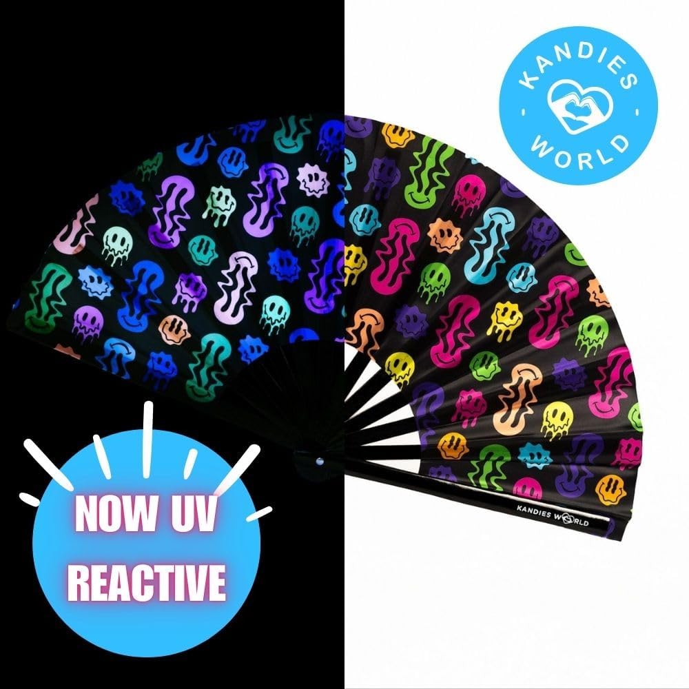 Kandies World UV Reactive Custom Festival Folding Hand Fan - Unique Designs, Made of Bamboo, Clacking Sound, Lightweight - Perfect Rave and Festival Accessory!