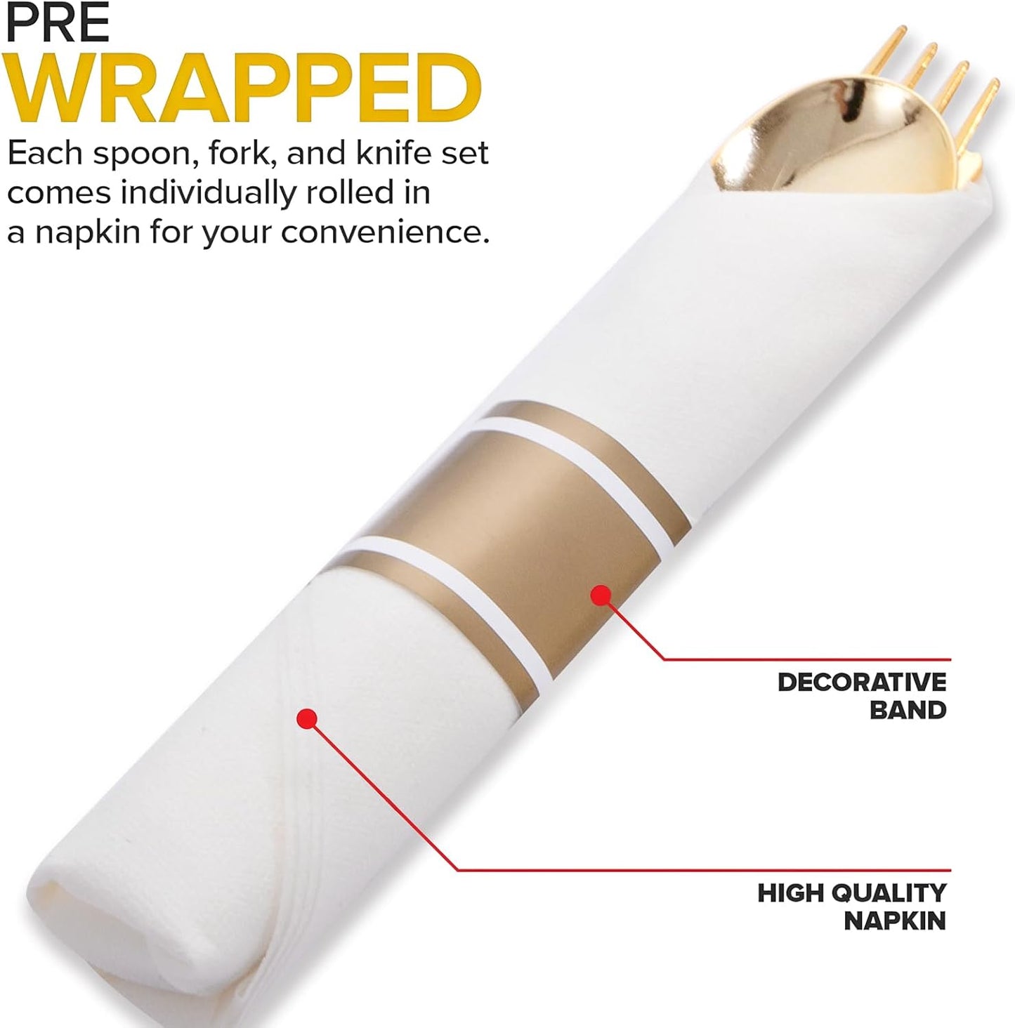 200Guests Pre Rolled Gold Plastic Silverware Sets - Heavy Duty Gold Cutlery - Include 200 Pack Wrapped Disposable Utensils with Napkins for Parties & Dinners & Weddings