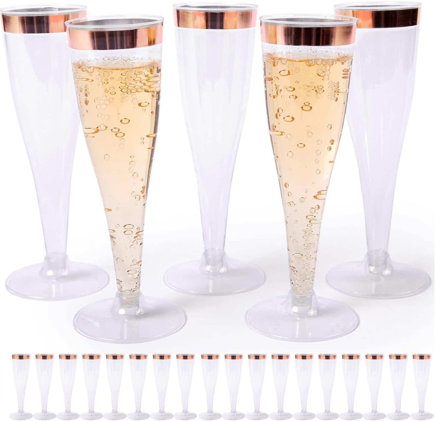 Prestee Set of 24 Plastic Champagne Flutes with Rose Gold Rim - 4.5 oz - Shatterproof Disposable Glasses - Elegant Design - Ideal for Weddings, Cocktail Parties, and Outdoor Celebrations